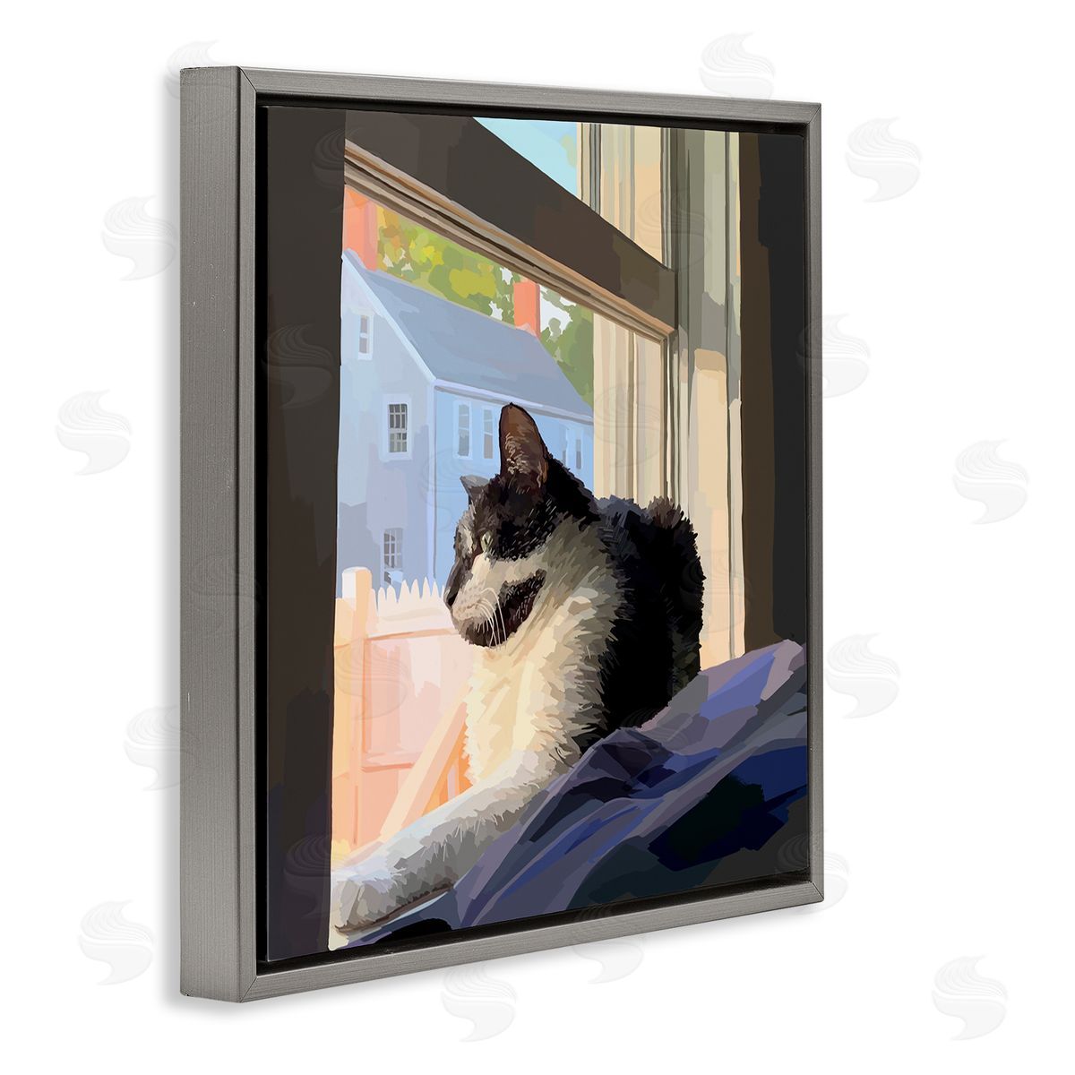 Emily Kalina Warm Sunlit Cat Neighborhood Windowsill Gray Floating Frame Canvas Wall Art Print
