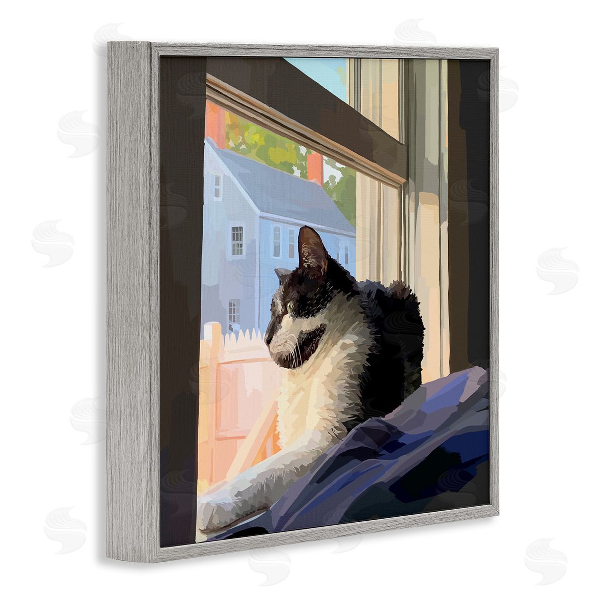 Emily Kalina Warm Sunlit Cat Neighborhood Windowsill Gray Framed Glicee Wall Art Print