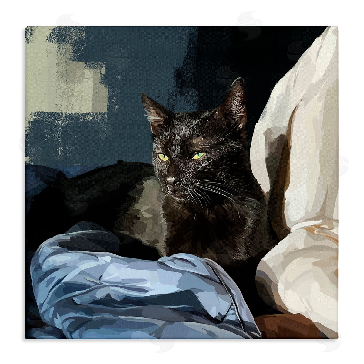 Emily Kalina Black Cat Lounging Comfy Bed Stretched Canvas Wall Art Print