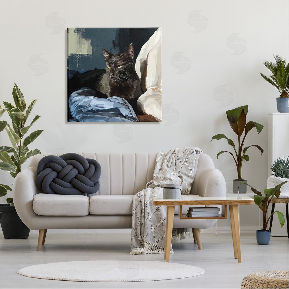 Emily Kalina Black Cat Lounging Comfy Bed Canvas Wall Art in Room