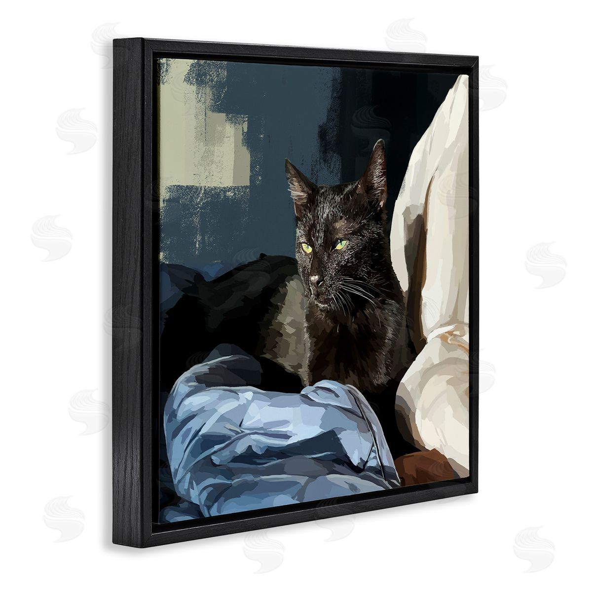 Emily Kalina Black Cat Lounging Comfy Bed Black Floating Frame Canvas Wall Art Print