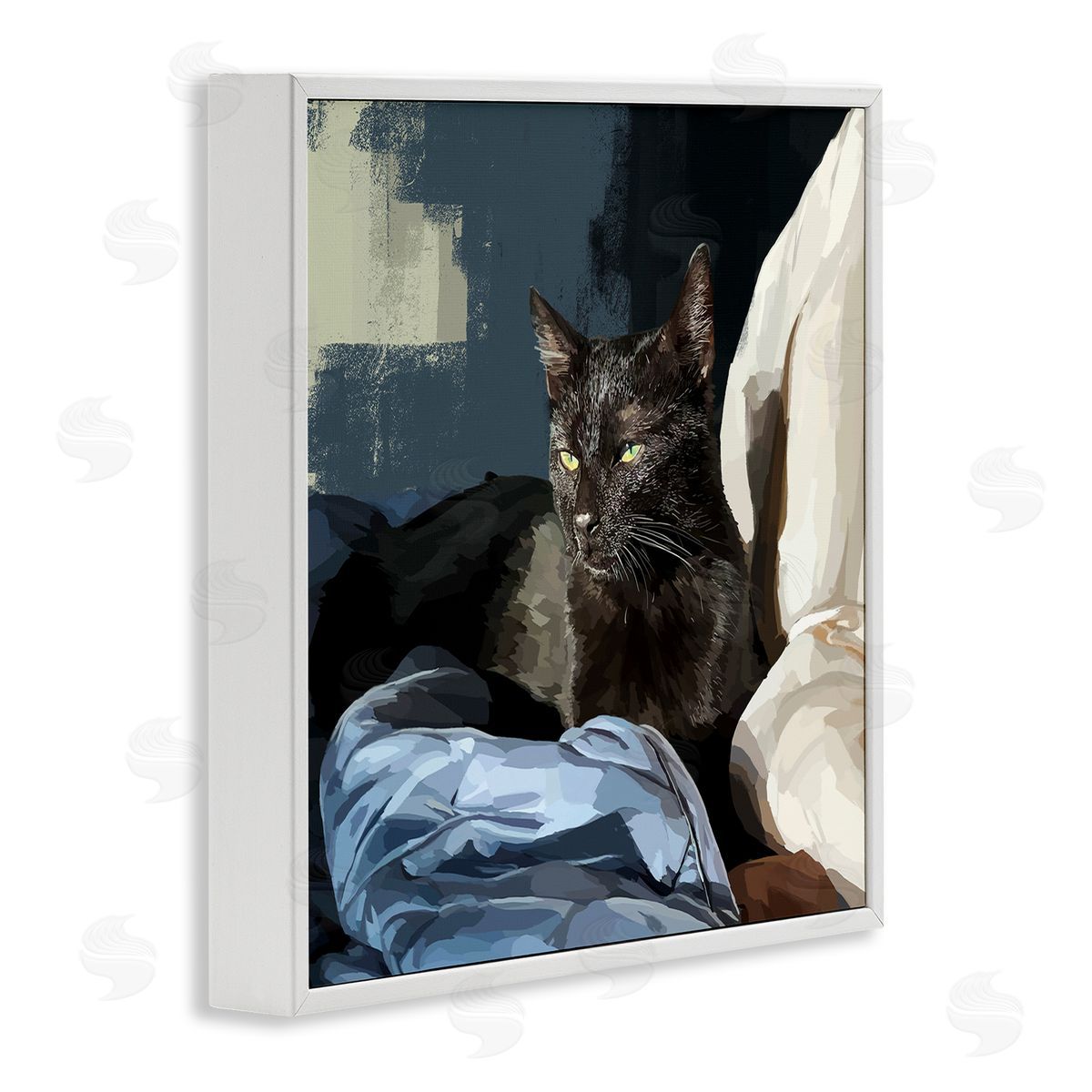 Emily Kalina Black Cat Lounging Comfy Bed White Framed Glicee Wall Art Print