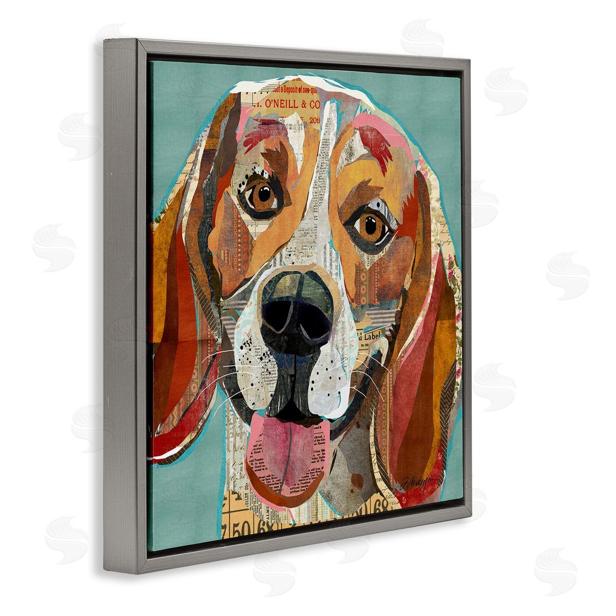 Traci Anderson Collaged Hound Dog Various Ephemera Gray Floating Frame Canvas Wall Art Print