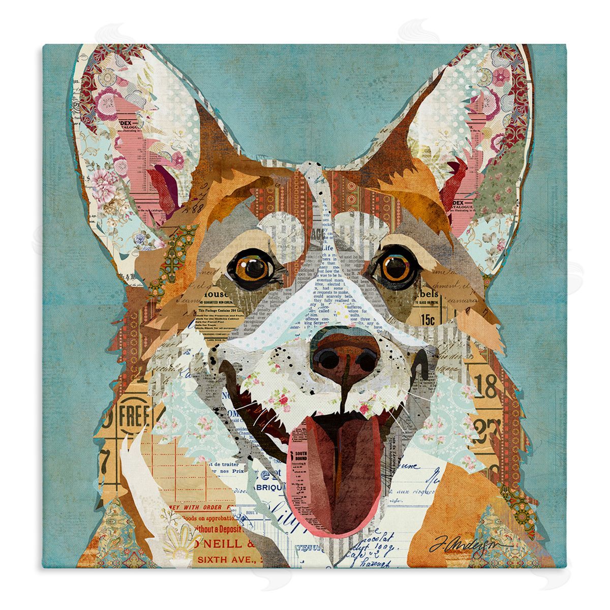 Traci Anderson Vintage Ephemera Corgi Portrait Collage Stretched Canvas Wall Art Print