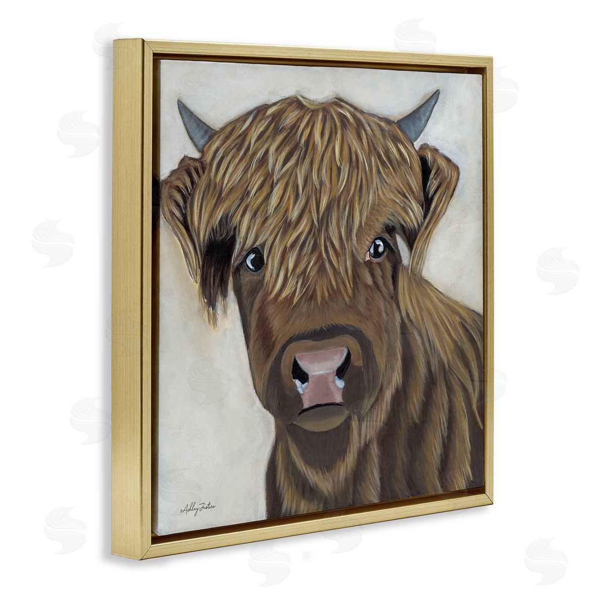 Ashley Justice Brown Cattle Farm Animal Portrait Gold Floating Frame Canvas Wall Art Print