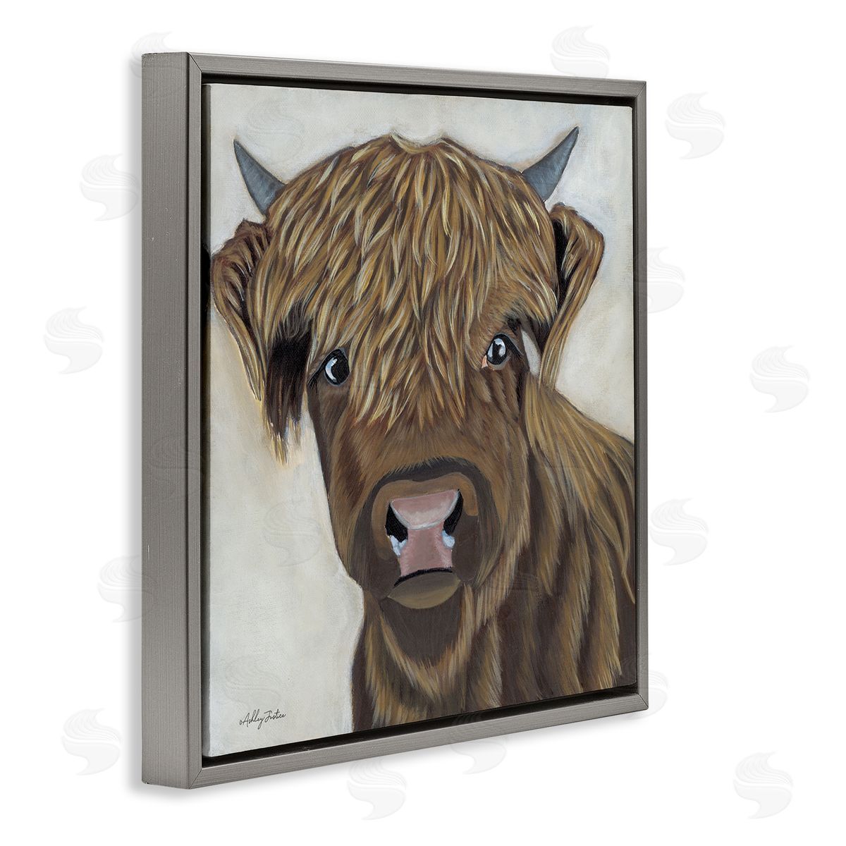 Ashley Justice Brown Cattle Farm Animal Portrait Gray Floating Frame Canvas Wall Art Print