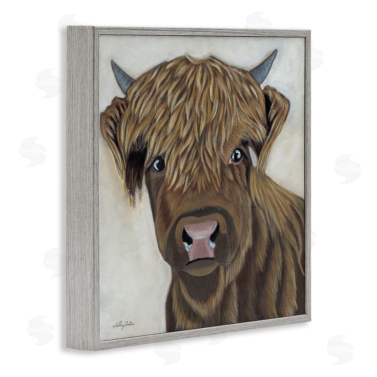 Ashley Justice Brown Cattle Farm Animal Portrait Gray Framed Glicee Wall Art Print