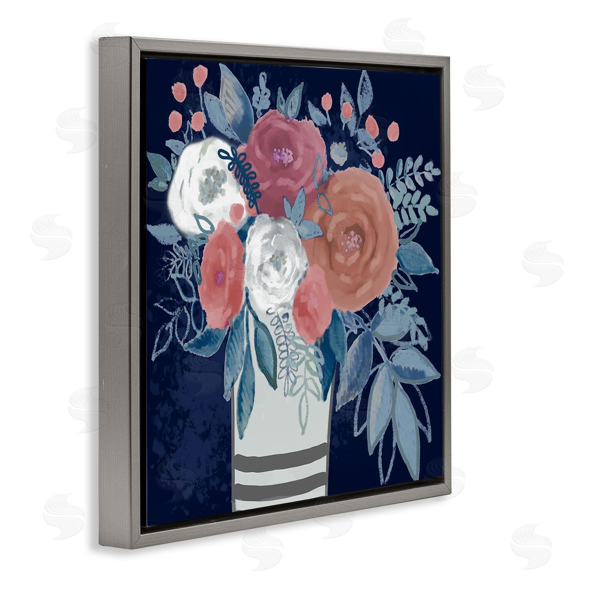 Boho Studio Contemporary Flower Blossoms Vase Gray Floating Frame Canvas Wall Art Print