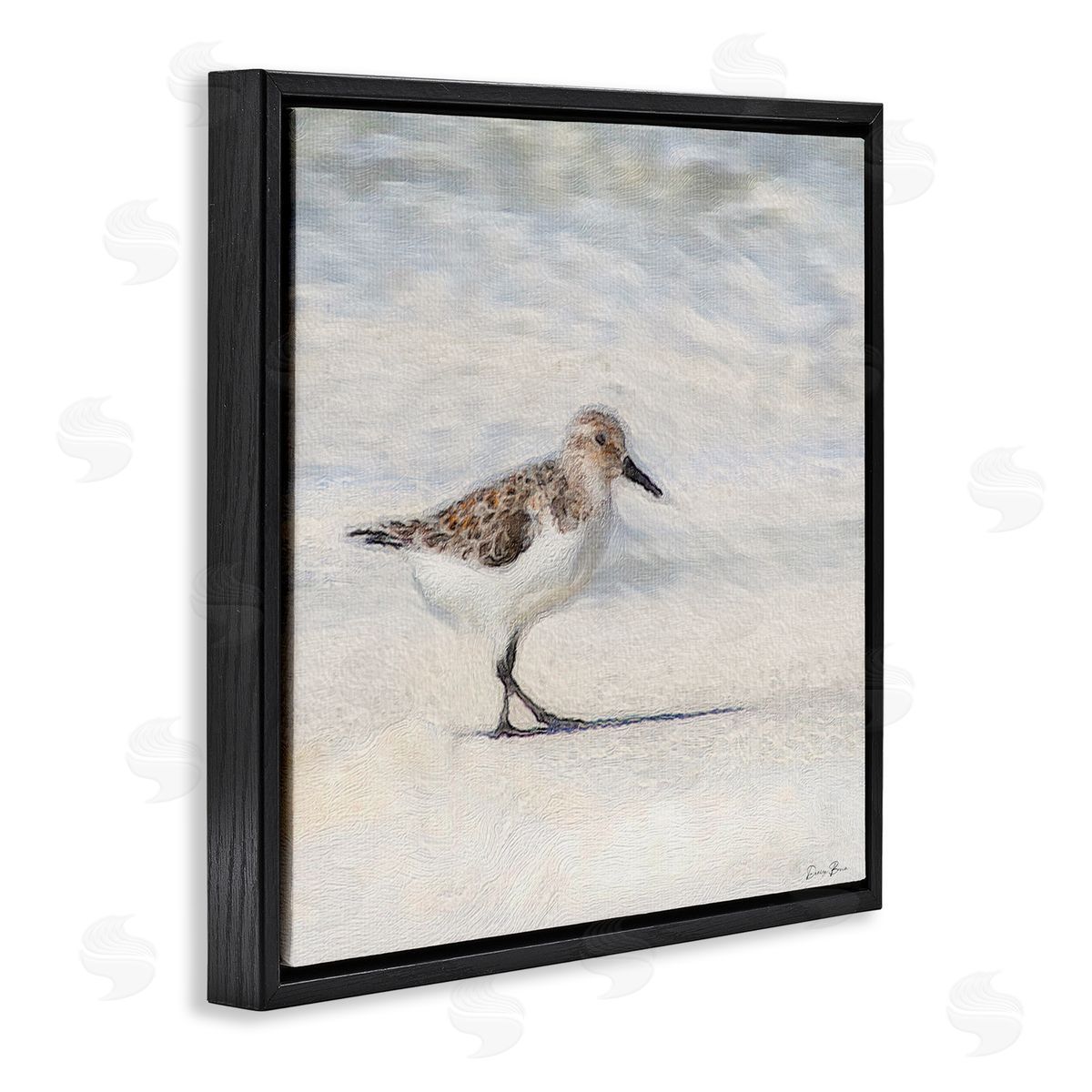 Denise Brown Sandpiper Bird Stepping Beach Sand Black Floating Frame Canvas Wall Art Print