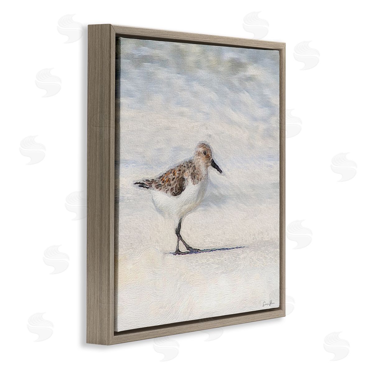 Denise Brown Sandpiper Bird Stepping Beach Sand Brown Floating Frame Canvas Wall Art Print