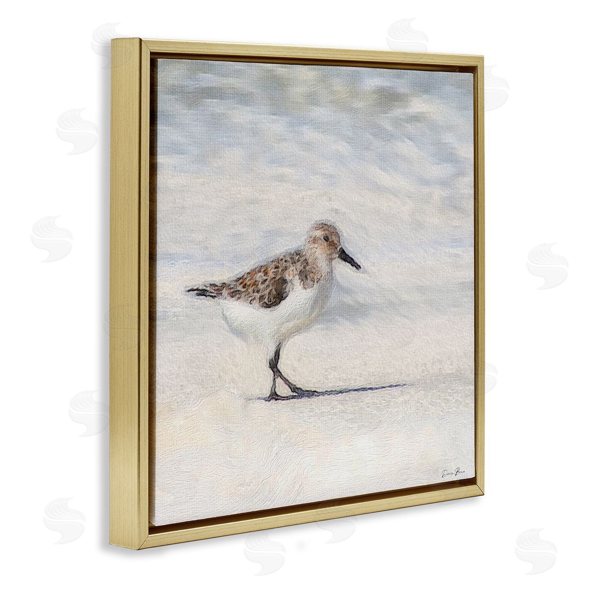 Denise Brown Sandpiper Bird Stepping Beach Sand Gold Floating Frame Canvas Wall Art Print