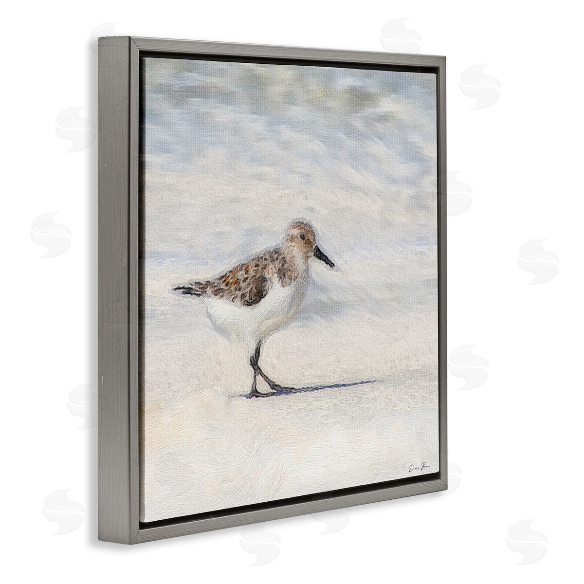 Denise Brown Sandpiper Bird Stepping Beach Sand Gray Floating Frame Canvas Wall Art Print