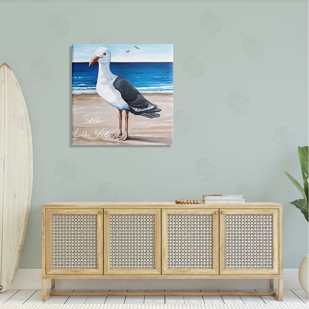 Elizabeth Tyndall Sea La Vie French Beach Seagull Quote Canvas Wall Art in Room