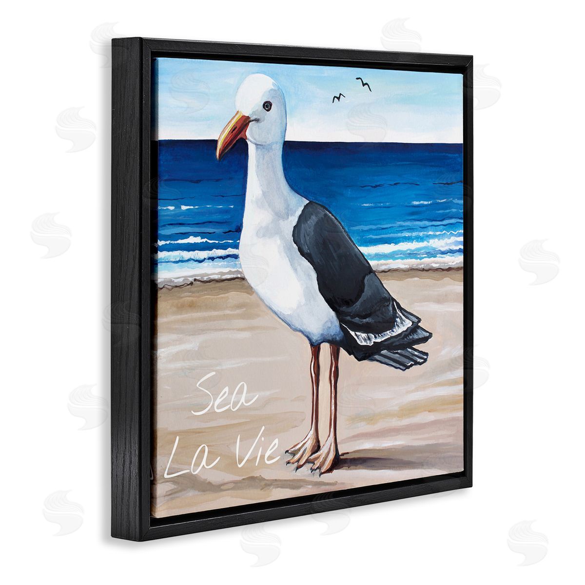 Elizabeth Tyndall Sea La Vie French Beach Seagull Quote Black Floating Frame Canvas Wall Art Print