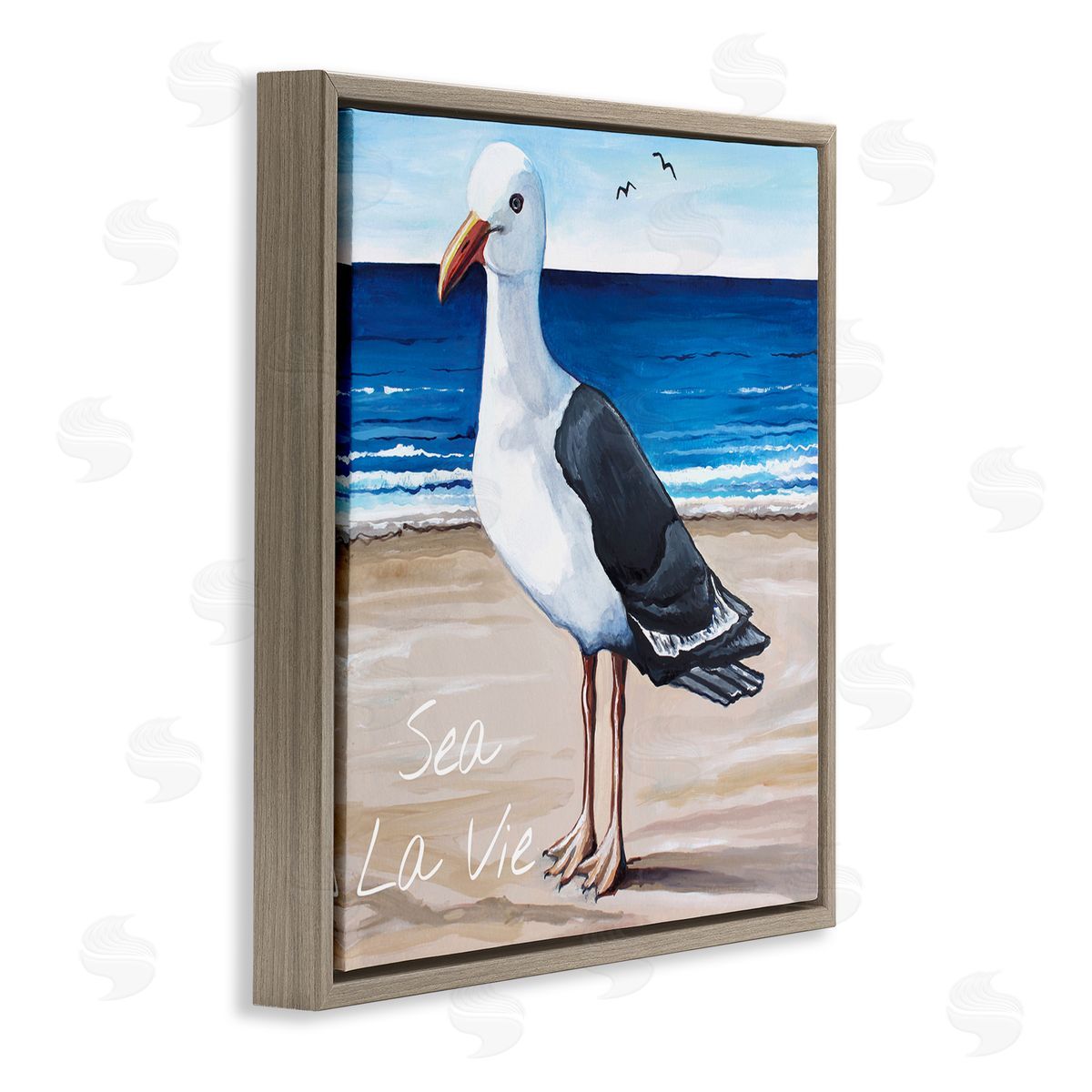 Elizabeth Tyndall Sea La Vie French Beach Seagull Quote Brown Floating Frame Canvas Wall Art Print