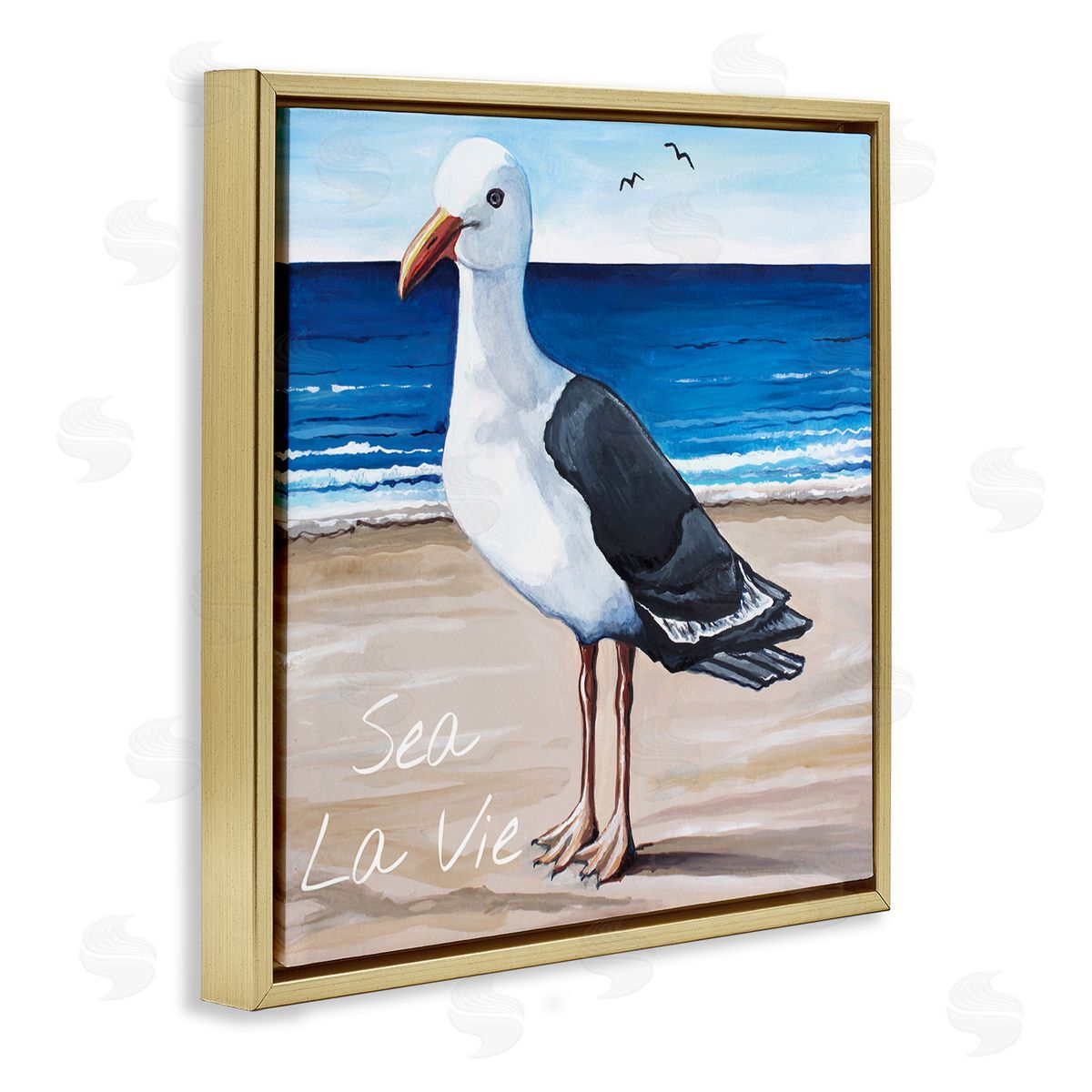 Elizabeth Tyndall Sea La Vie French Beach Seagull Quote Gold Floating Frame Canvas Wall Art Print