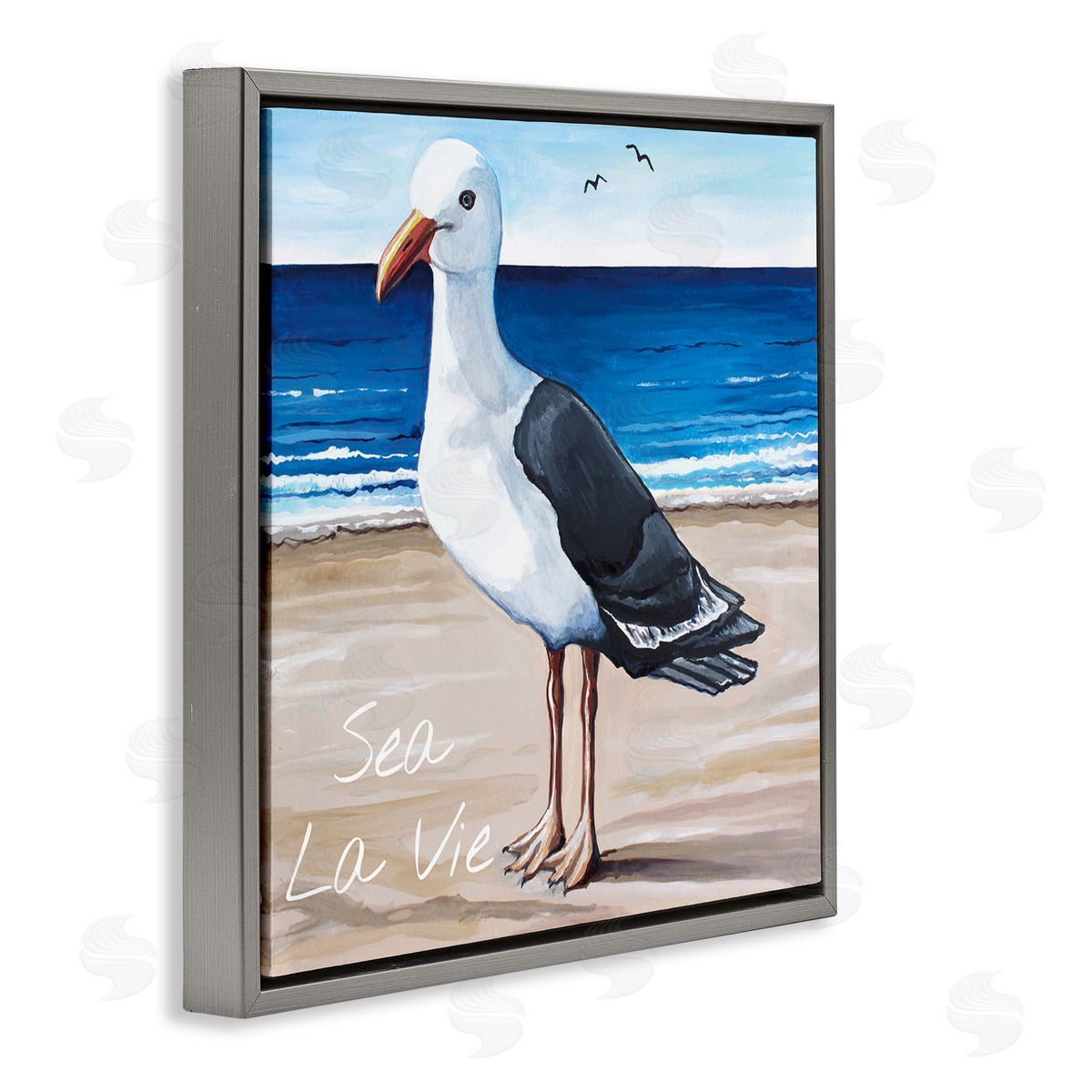 Elizabeth Tyndall Sea La Vie French Beach Seagull Quote Gray Floating Frame Canvas Wall Art Print