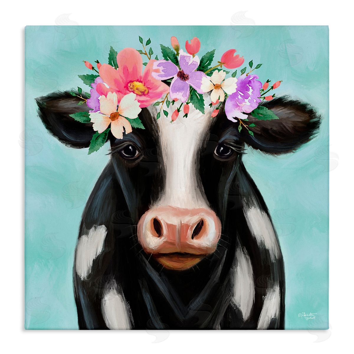 Elizabeth Tyndall Farm Cow Floral Turquoise Blossoms Stretched Canvas Wall Art Print
