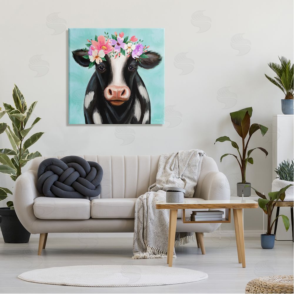 Elizabeth Tyndall Farm Cow Floral Turquoise Blossoms Canvas Wall Art in Room