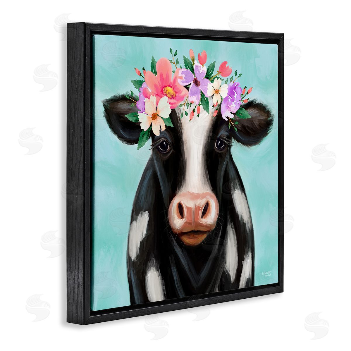 Elizabeth Tyndall Farm Cow Floral Turquoise Blossoms Black Floating Frame Canvas Wall Art Print