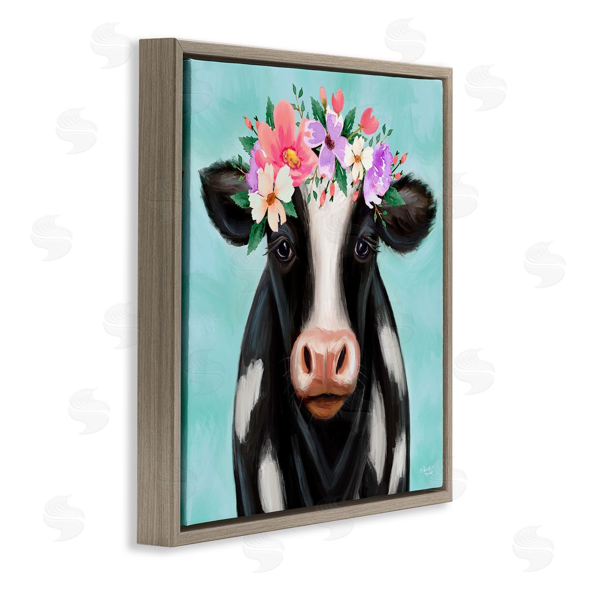 Elizabeth Tyndall Farm Cow Floral Turquoise Blossoms Brown Floating Frame Canvas Wall Art Print
