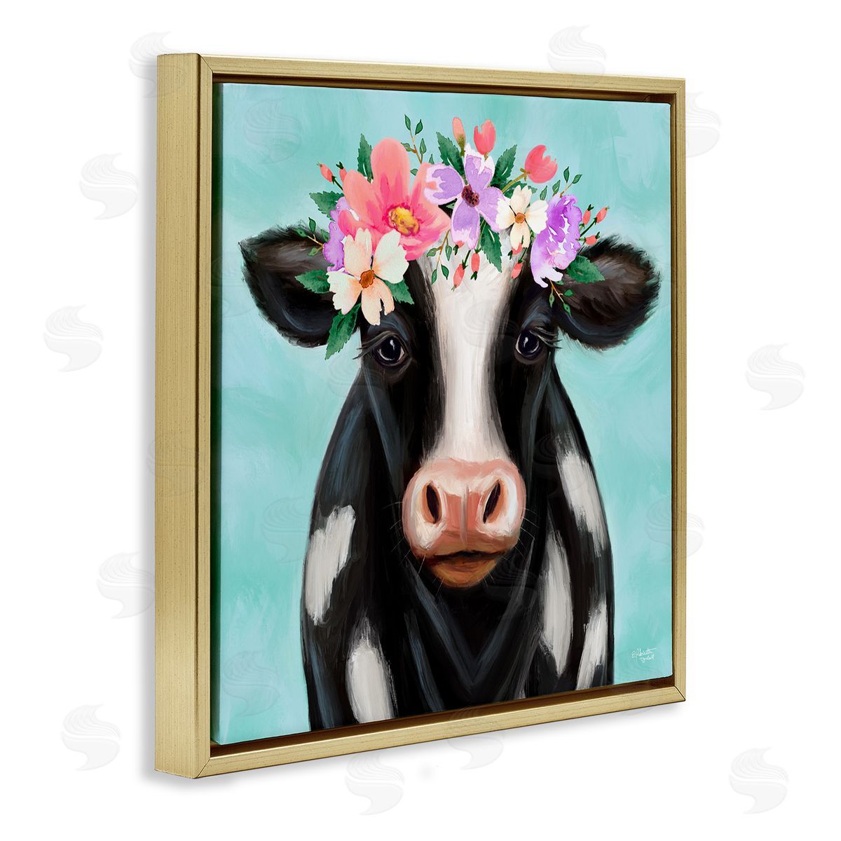 Elizabeth Tyndall Farm Cow Floral Turquoise Blossoms Gold Floating Frame Canvas Wall Art Print