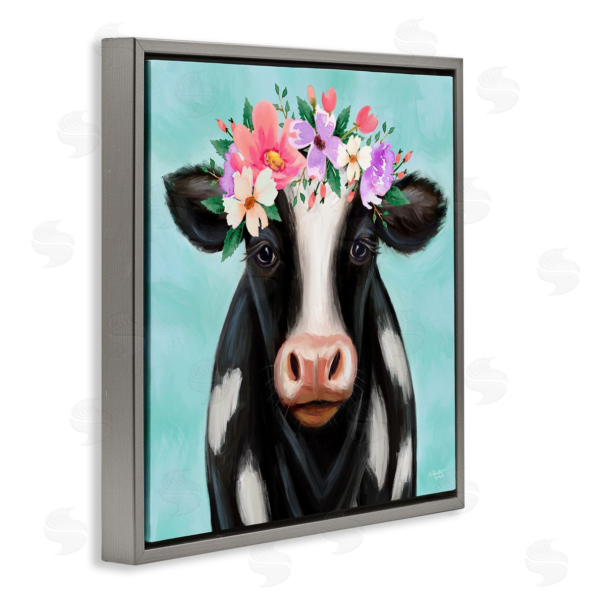 Elizabeth Tyndall Farm Cow Floral Turquoise Blossoms Gray Floating Frame Canvas Wall Art Print