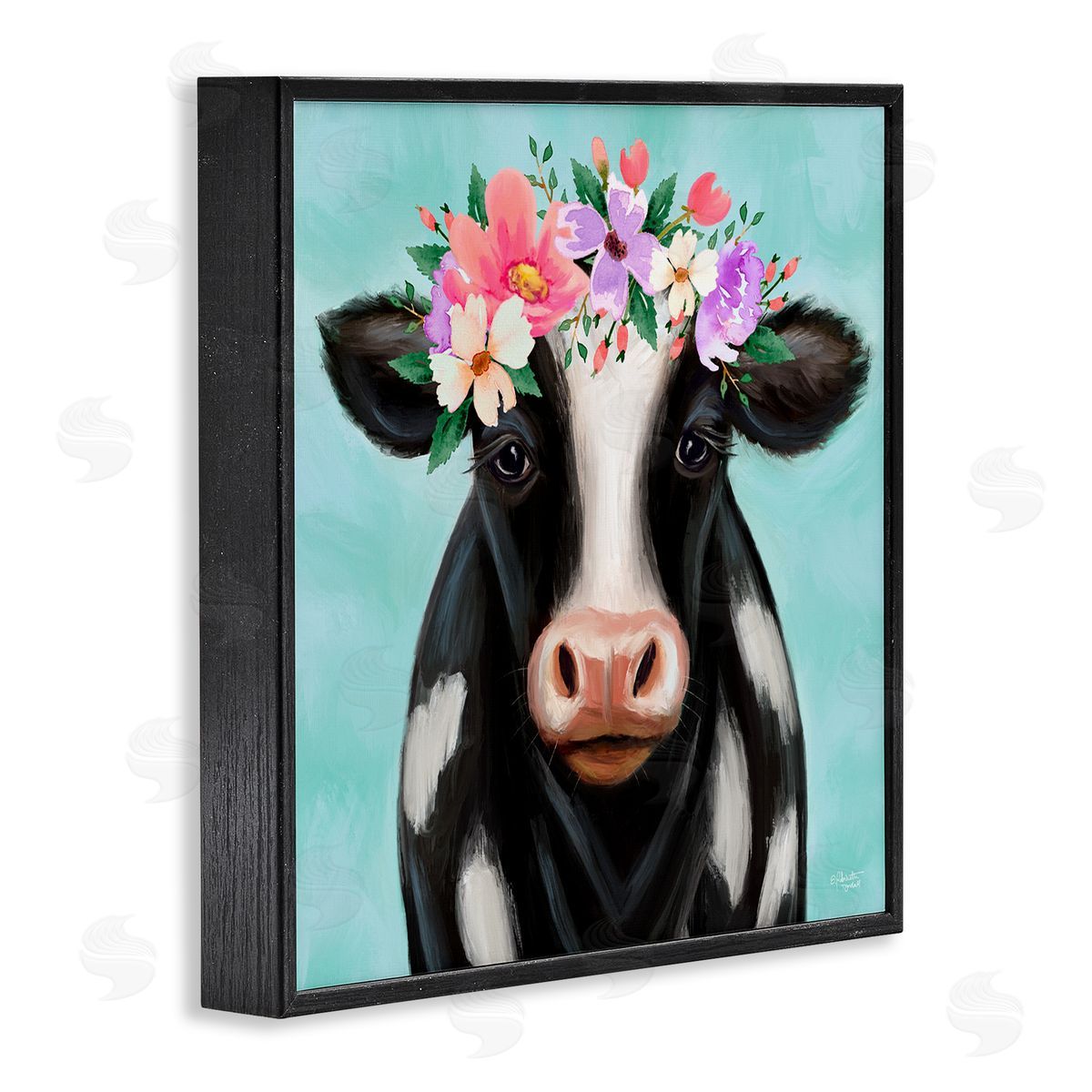 Elizabeth Tyndall Farm Cow Floral Turquoise Blossoms Black Framed Glicee Wall Art Print