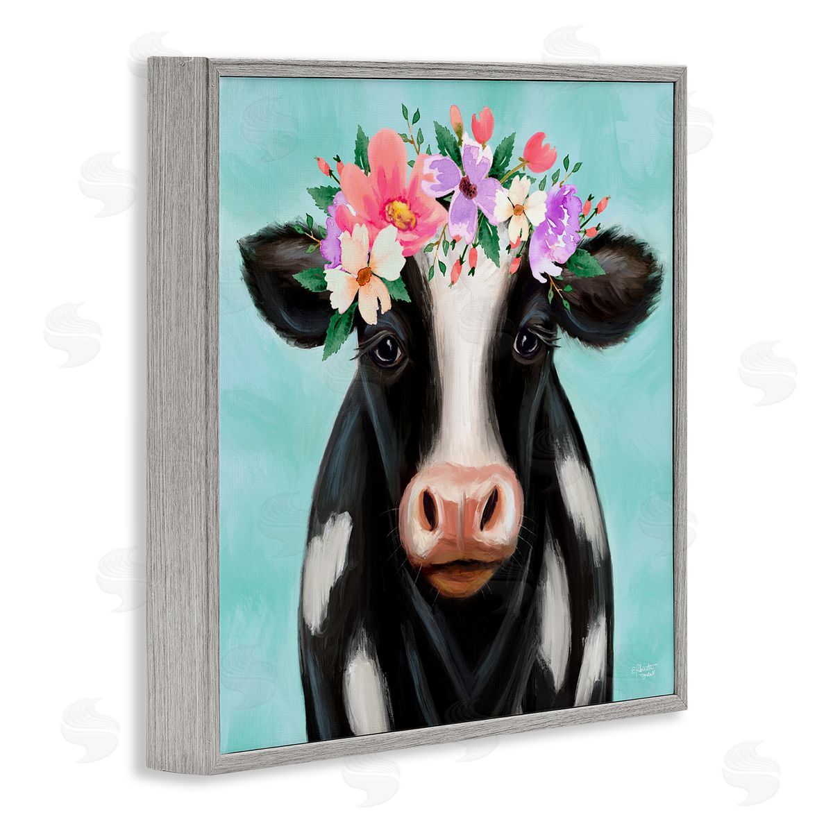 Elizabeth Tyndall Farm Cow Floral Turquoise Blossoms Gray Framed Glicee Wall Art Print