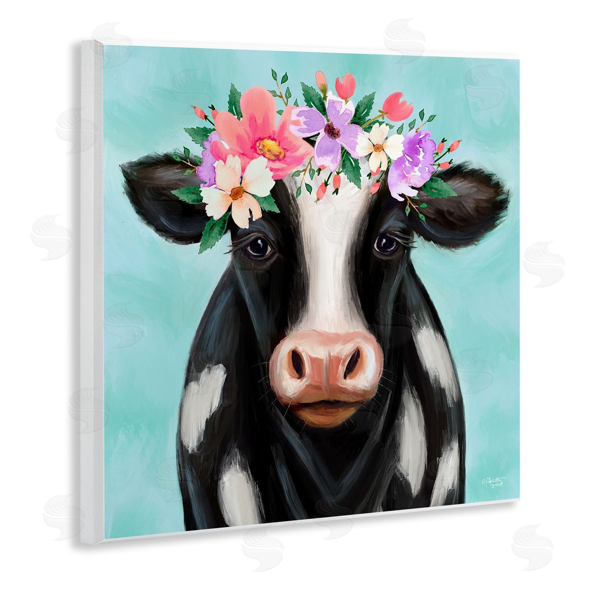 Elizabeth Tyndall Farm Cow Floral Turquoise Blossoms Wooden Wall Plaque Art Print