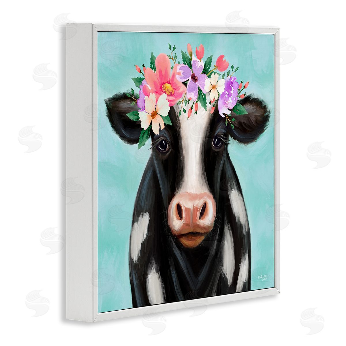 Elizabeth Tyndall Farm Cow Floral Turquoise Blossoms White Framed Glicee Wall Art Print