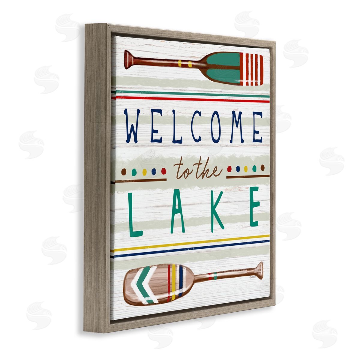 Elizabeth Tyndall Welcome to Lake Striped Boat Oars Brown Floating Frame Canvas Wall Art Print