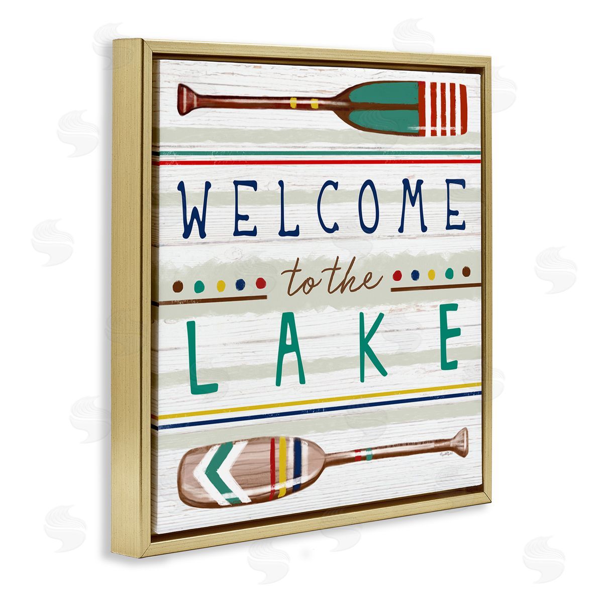 Elizabeth Tyndall Welcome to Lake Striped Boat Oars Gold Floating Frame Canvas Wall Art Print