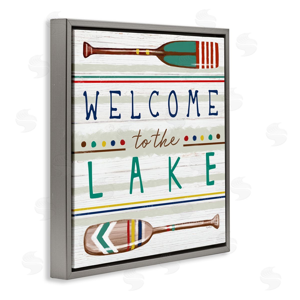 Elizabeth Tyndall Welcome to Lake Striped Boat Oars Gray Floating Frame Canvas Wall Art Print