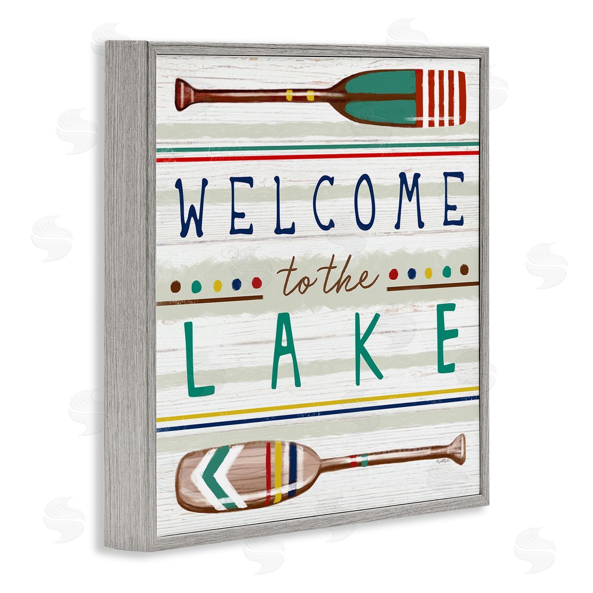 Elizabeth Tyndall Welcome to Lake Striped Boat Oars Gray Framed Glicee Wall Art Print