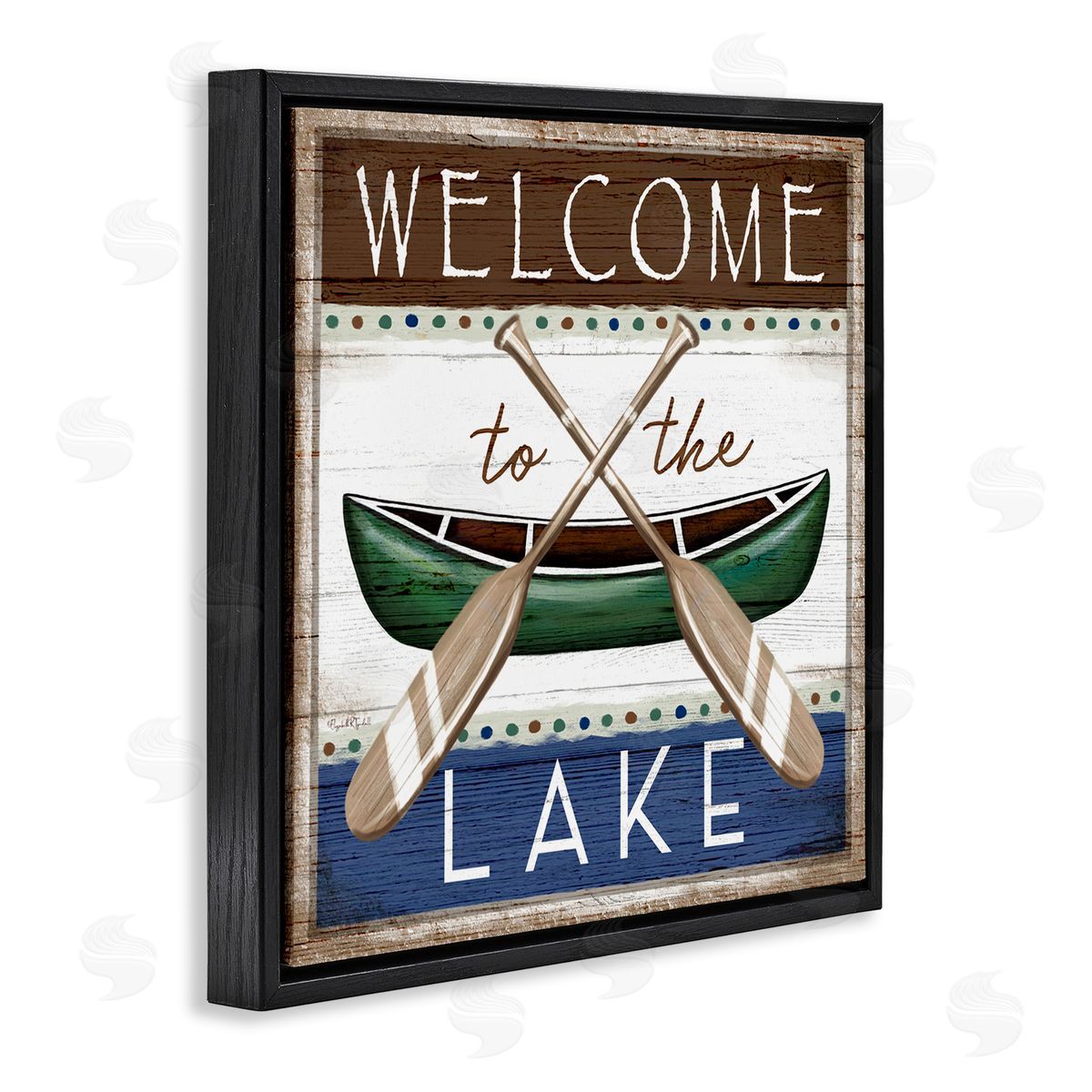 Elizabeth Tyndall Rustic Lake Welcome Canoe Sign Black Floating Frame Canvas Wall Art Print