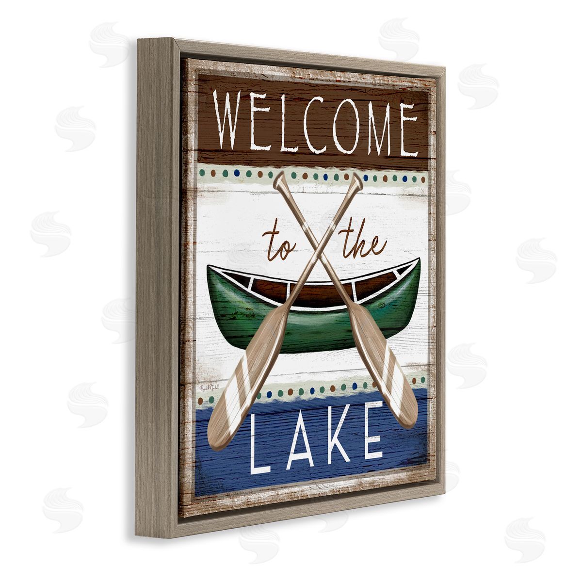 Elizabeth Tyndall Rustic Lake Welcome Canoe Sign Brown Floating Frame Canvas Wall Art Print