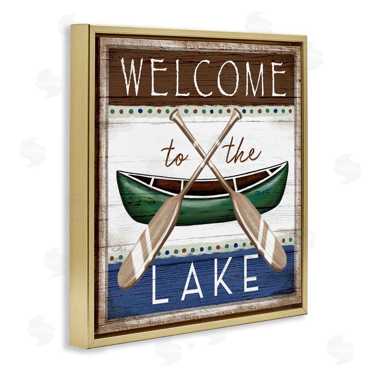 Elizabeth Tyndall Rustic Lake Welcome Canoe Sign Gold Floating Frame Canvas Wall Art Print