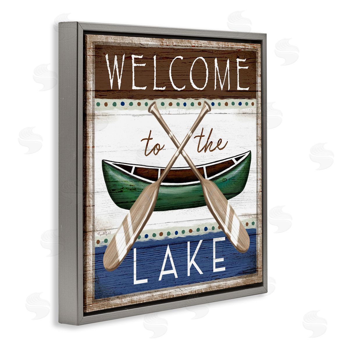 Elizabeth Tyndall Rustic Lake Welcome Canoe Sign Gray Floating Frame Canvas Wall Art Print