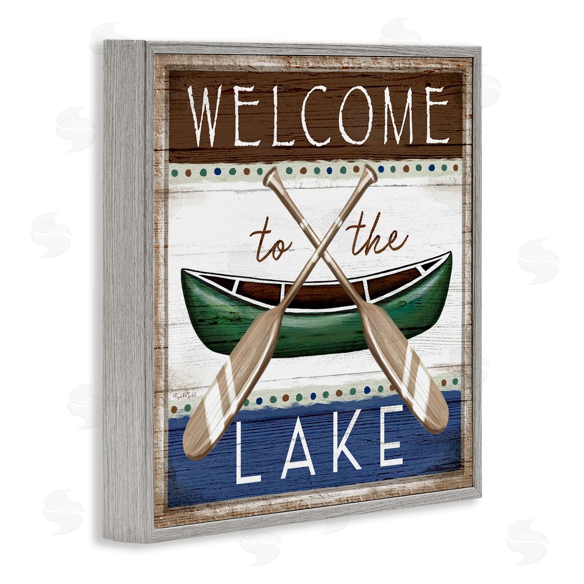 Elizabeth Tyndall Rustic Lake Welcome Canoe Sign Gray Framed Glicee Wall Art Print