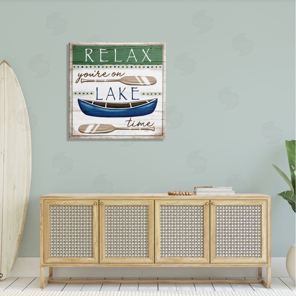 Elizabeth Tyndall Lake Time Rustic Canoe Paddle Phrase Canvas Wall Art in Room