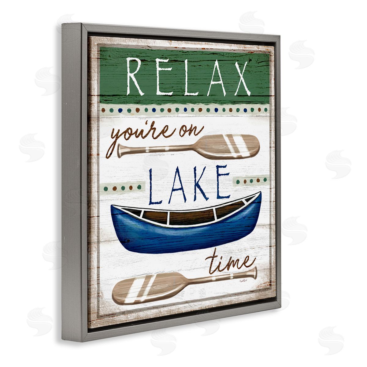 Elizabeth Tyndall Lake Time Rustic Canoe Paddle Phrase Gray Floating Frame Canvas Wall Art Print