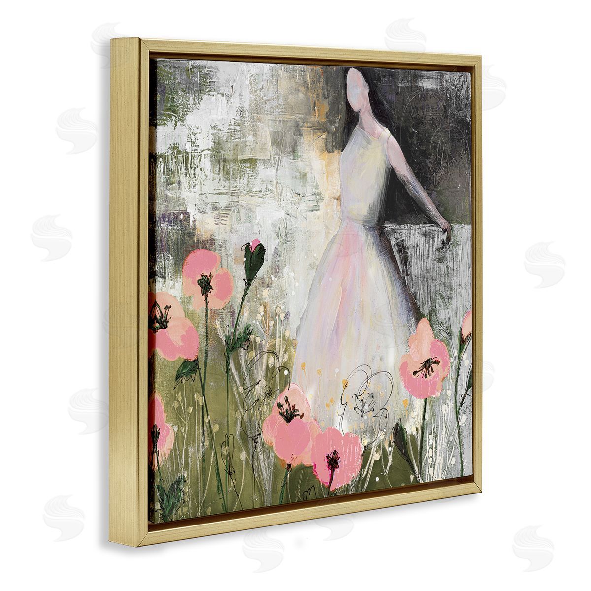 Ruth Fromstein Contemporary Meadow Woman Collage  Gold Floating Frame Canvas Wall Art Print
