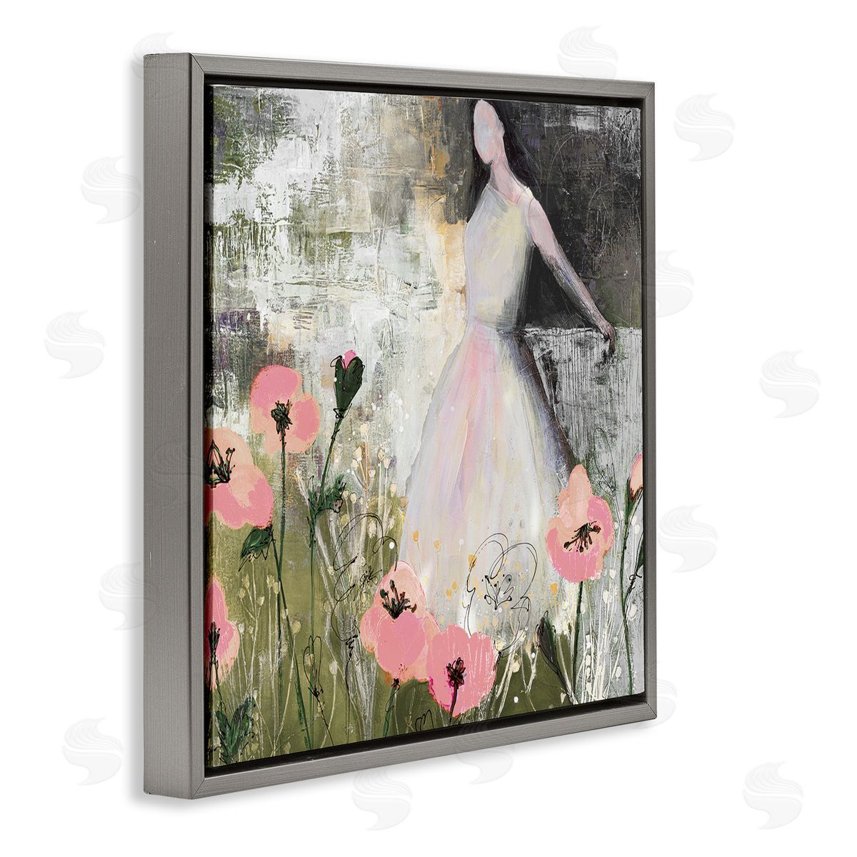 Ruth Fromstein Contemporary Meadow Woman Collage  Gray Floating Frame Canvas Wall Art Print