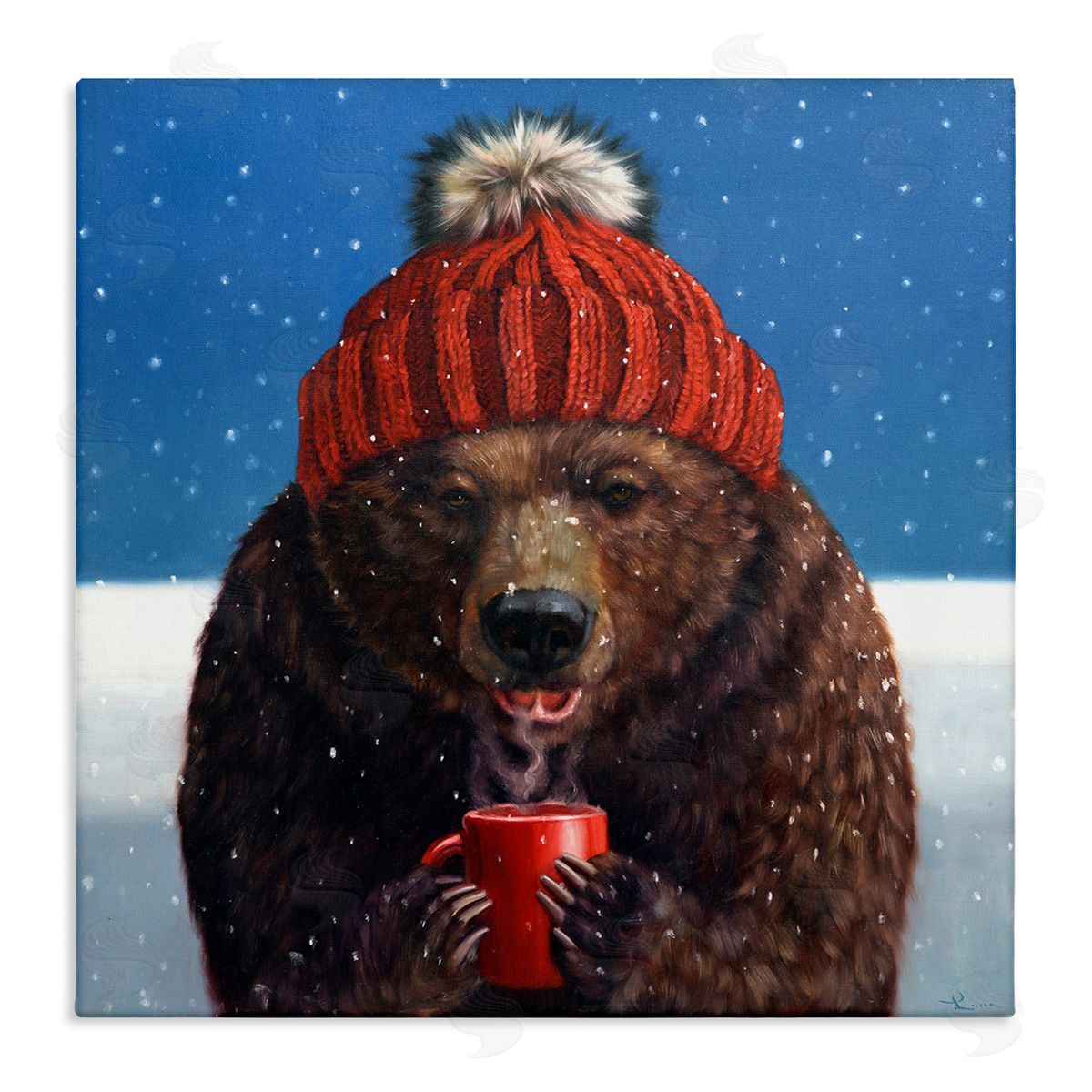 Lucia Heffernan Chilly Bear Hot Chocolate Snowfall Stretched Canvas Wall Art Print