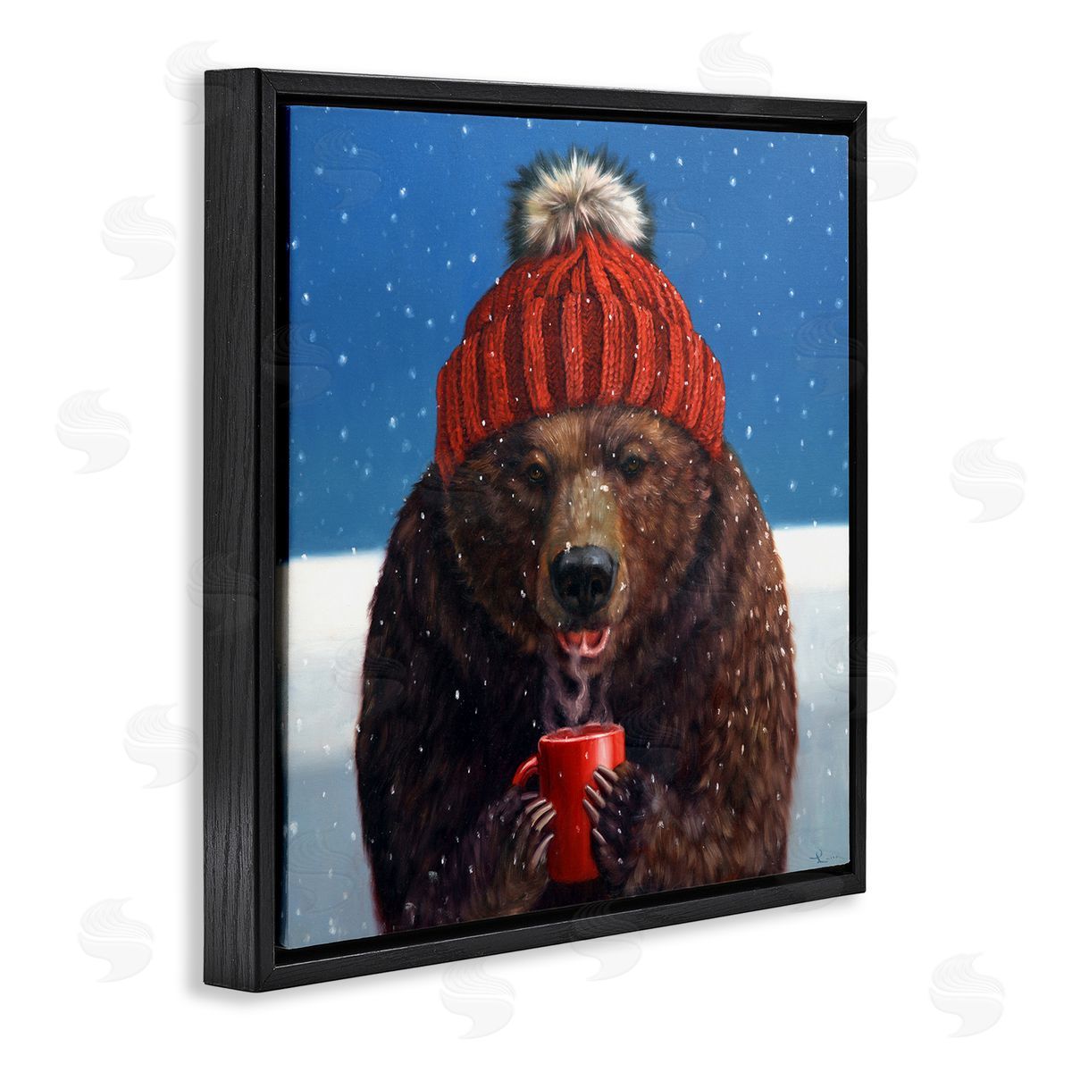 Lucia Heffernan Chilly Bear Hot Chocolate Snowfall Black Floating Frame Canvas Wall Art Print