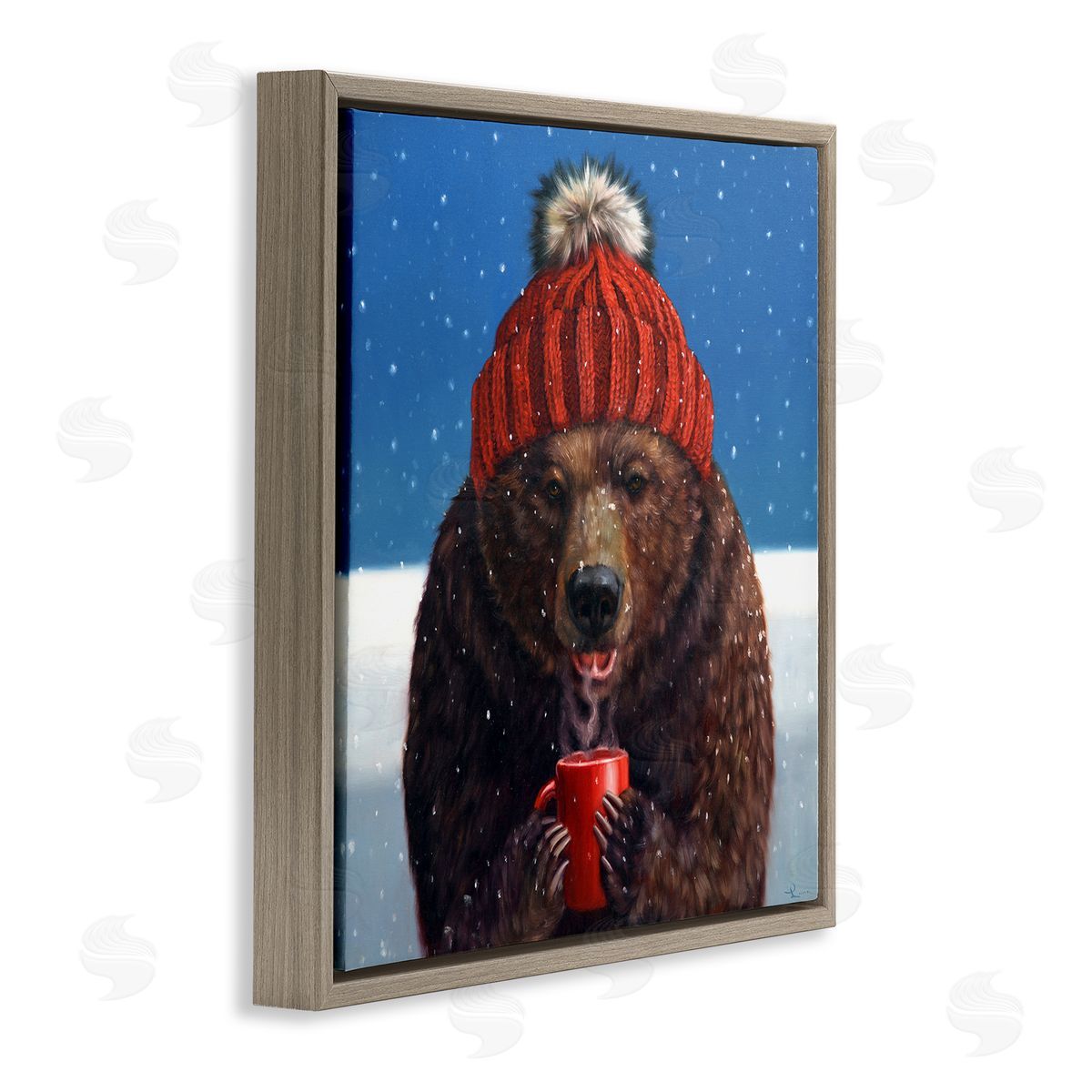 Lucia Heffernan Chilly Bear Hot Chocolate Snowfall Brown Floating Frame Canvas Wall Art Print