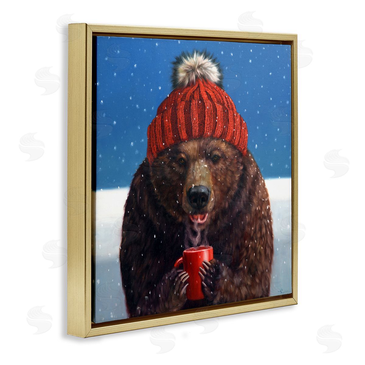 Lucia Heffernan Chilly Bear Hot Chocolate Snowfall Gold Floating Frame Canvas Wall Art Print