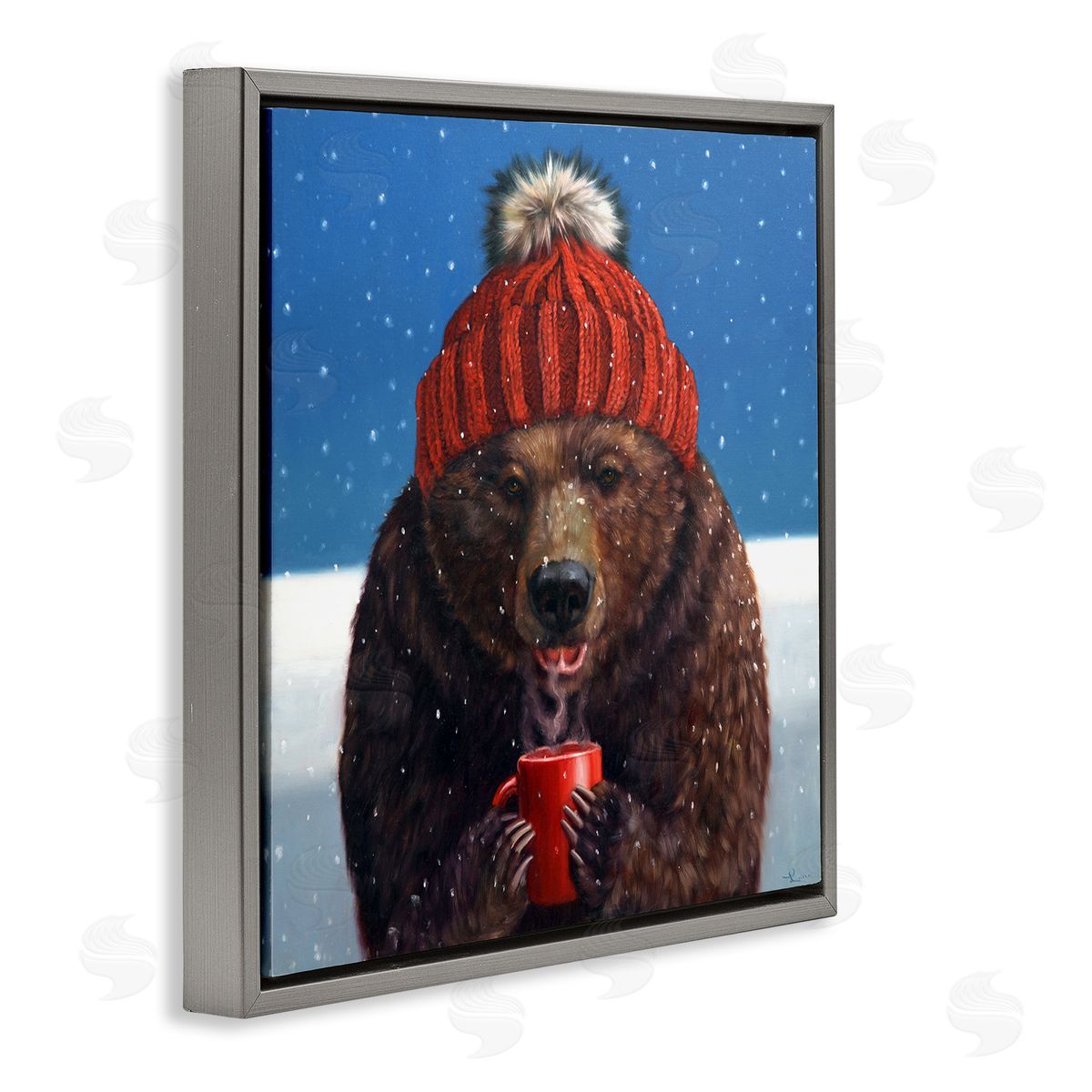 Lucia Heffernan Chilly Bear Hot Chocolate Snowfall Gray Floating Frame Canvas Wall Art Print