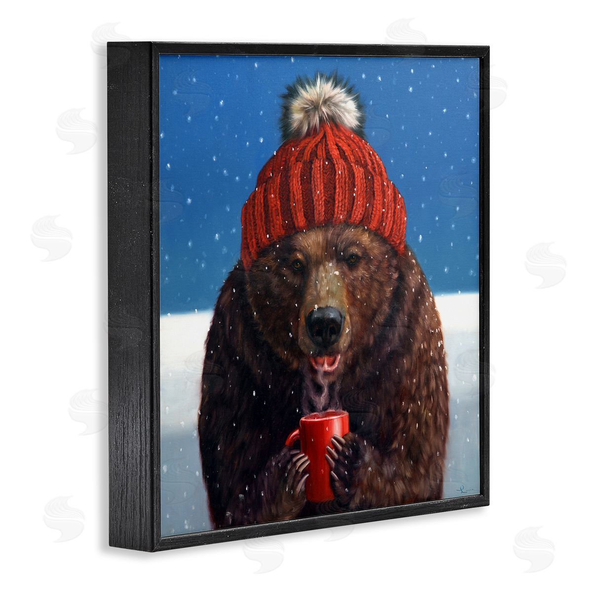 Lucia Heffernan Chilly Bear Hot Chocolate Snowfall Black Framed Glicee Wall Art Print